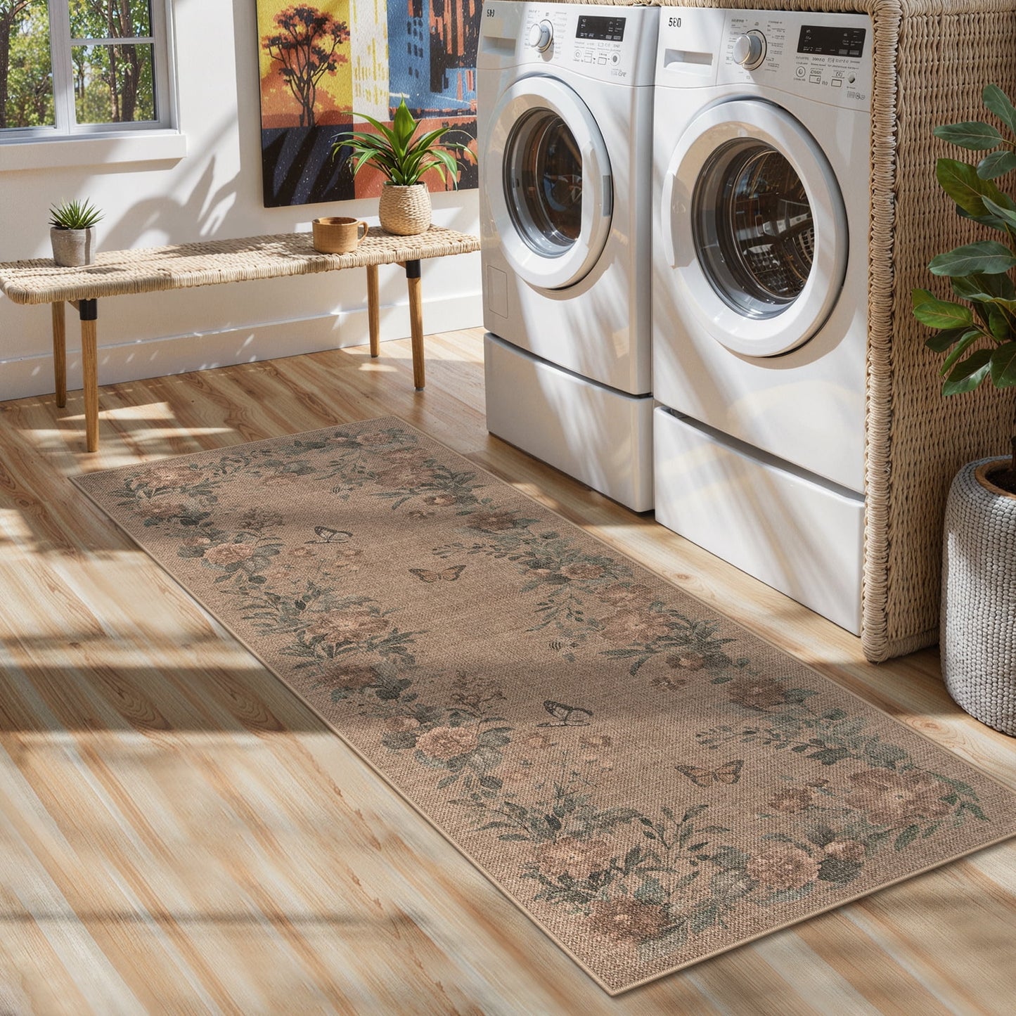 SUNDEREY Floral Easy Jute Rug,Area Rug Washable Bedroom Rug,Easy Jute Indoor Outdoor Carpet, Farmhouse Non Slip Khaki Floor Rug for Dining Room Office Entrance Kitchen