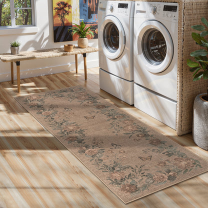 SUNDEREY Floral Easy Jute Rug,Area Rug Washable Bedroom Rug,Easy Jute Indoor Outdoor Carpet, Farmhouse Non Slip Khaki Floor Rug for Dining Room Office Entrance Kitchen