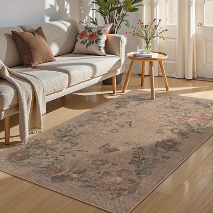 SUNDEREY Floral Easy Jute Rug,Area Rug Washable Bedroom Rug,Easy Jute Indoor Outdoor Carpet, Farmhouse Non Slip Khaki Floor Rug for Dining Room Office Entrance Kitchen