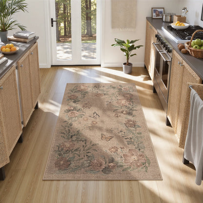 SUNDEREY Floral Easy Jute Rug,Area Rug Washable Bedroom Rug,Easy Jute Indoor Outdoor Carpet, Farmhouse Non Slip Khaki Floor Rug for Dining Room Office Entrance Kitchen