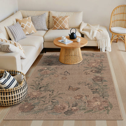 SUNDEREY Floral Easy Jute Rug,Area Rug Washable Bedroom Rug,Easy Jute Indoor Outdoor Carpet, Farmhouse Non Slip Khaki Floor Rug for Dining Room Office Entrance Kitchen