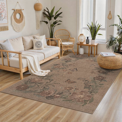 SUNDEREY Floral Easy Jute Rug,Area Rug Washable Bedroom Rug,Easy Jute Indoor Outdoor Carpet, Farmhouse Non Slip Khaki Floor Rug for Dining Room Office Entrance Kitchen