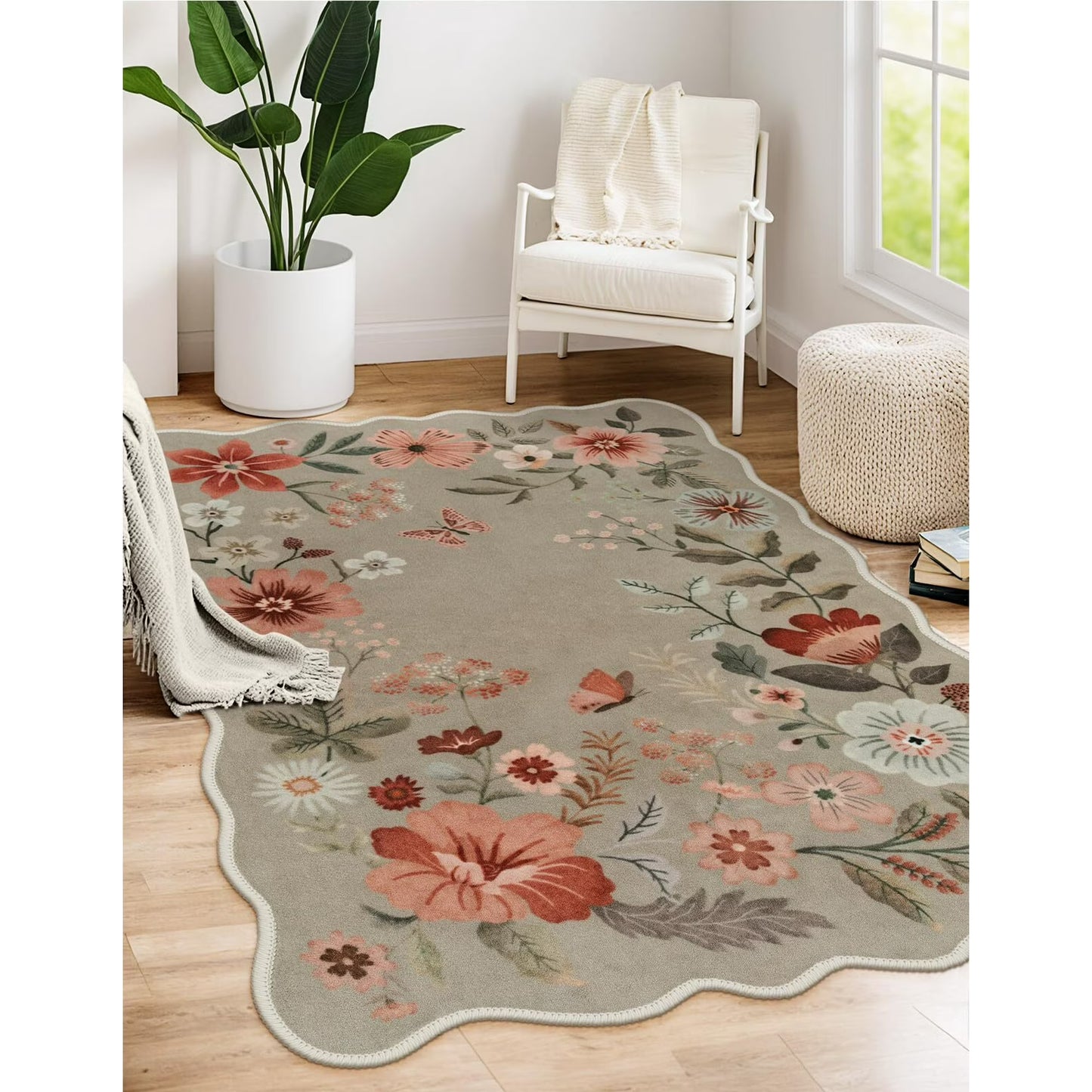 Moynesa Floral Washable Area Rugs, Soft Bedroom Large Rug for Living Room Ultra-Thin Non Slip Dining Room Rug, Stain Resistant Boho Rugs Easy Clean Throw Carpet for Office
