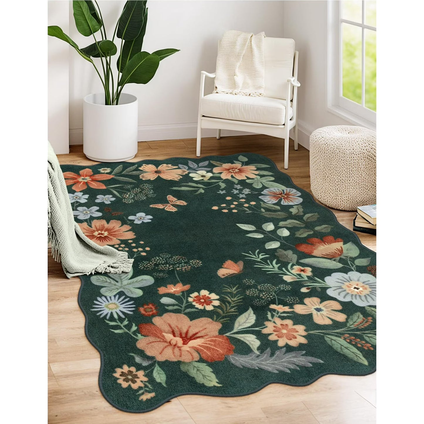 Moynesa Floral Washable Area Rugs, Soft Bedroom Large Rug for Living Room Ultra-Thin Non Slip Dining Room Rug, Stain Resistant Boho Rugs Easy Clean Throw Carpet for Office