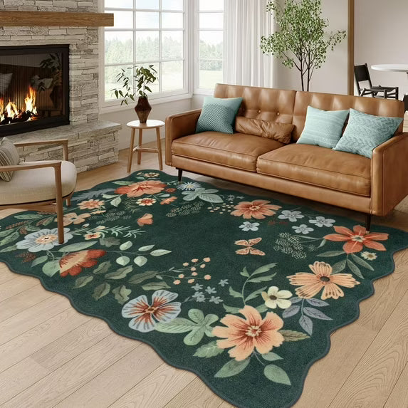 Moynesa Floral Washable Area Rugs, Soft Bedroom Large Rug for Living Room Ultra-Thin Non Slip Dining Room Rug, Stain Resistant Boho Rugs Easy Clean Throw Carpet for Office