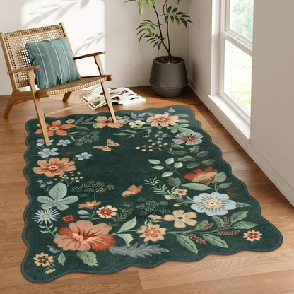 Moynesa Floral Washable Area Rugs, Soft Bedroom Large Rug for Living Room Ultra-Thin Non Slip Dining Room Rug, Stain Resistant Boho Rugs Easy Clean Throw Carpet for Office