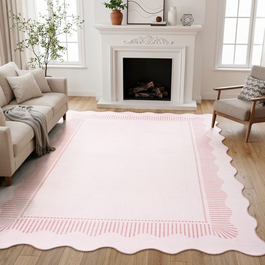 Lahome Scalloped Vintage Rug for Living Room ,Area Rug ,Non Slip Machine Washable Rugs ,Solid Rug Low Pile Boho Rug for Bedroom Dining Room Office Farmhouse