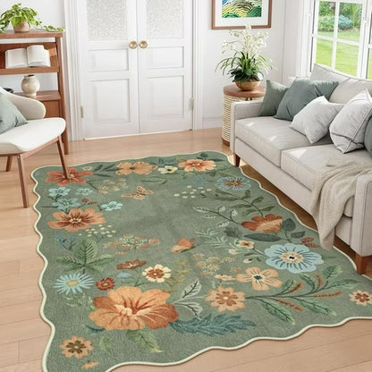 Moynesa Floral Washable Area Rugs, Soft Bedroom Large Rug for Living Room Ultra-Thin Non Slip Dining Room Rug, Stain Resistant Boho Rugs Easy Clean Throw Carpet for Office