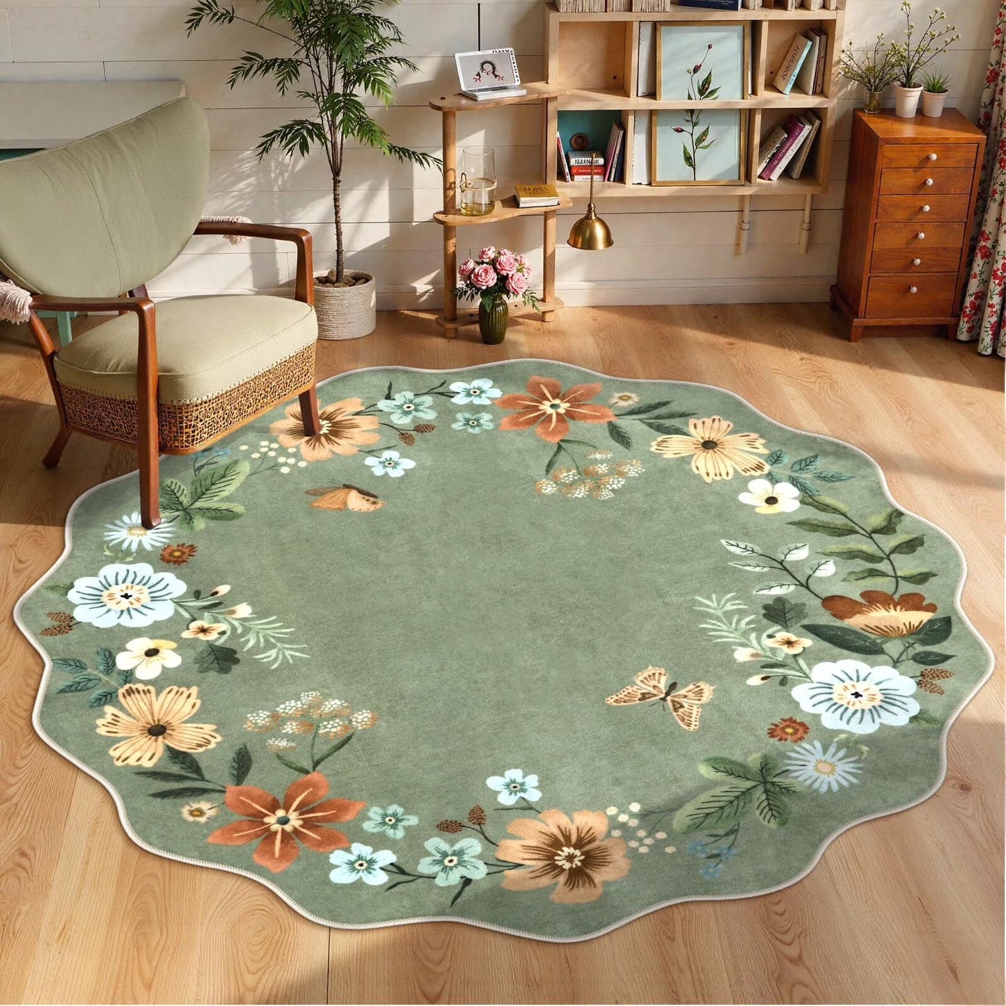 Moynesa Floral Washable Area Rugs, Soft Bedroom Large Rug for Living Room Ultra-Thin Non Slip Dining Room Rug, Stain Resistant Boho Rugs Easy Clean Throw Carpet for Office