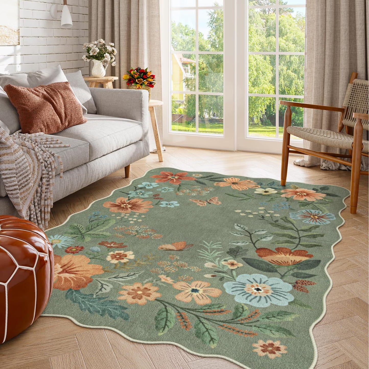 Moynesa Floral Washable Area Rugs, Soft Bedroom Large Rug for Living Room Ultra-Thin Non Slip Dining Room Rug, Stain Resistant Boho Rugs Easy Clean Throw Carpet for Office