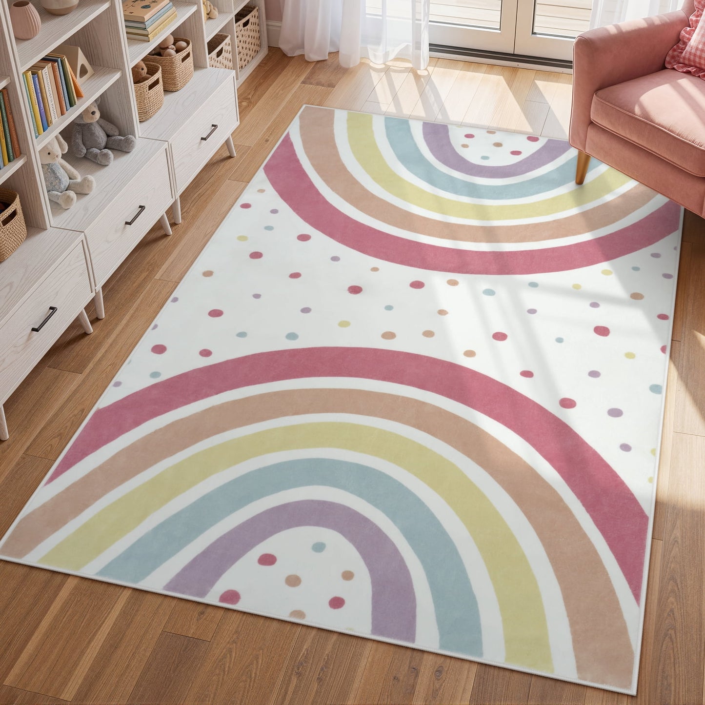 Wonnitar Rainbow Kids Rug - Colorful Circular Play Mat for Nursery & Playroom, Machine Washable Non-Slip Soft Carpet for Classroom, Teepee, Castle