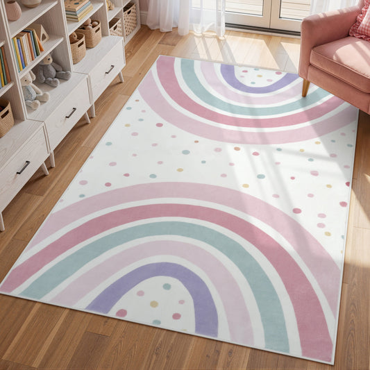 Wonnitar Rainbow Kids Rug - Colorful Circular Play Mat for Nursery & Playroom, Machine Washable Non-Slip Soft Carpet for Classroom, Teepee, Castle