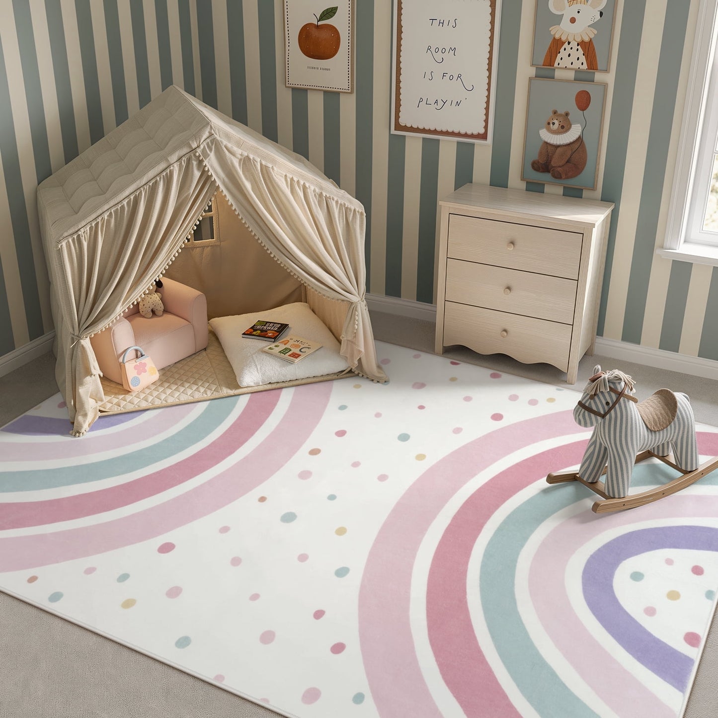Wonnitar Rainbow Kids Rug - Colorful Circular Play Mat for Nursery & Playroom, Machine Washable Non-Slip Soft Carpet for Classroom, Teepee, Castle