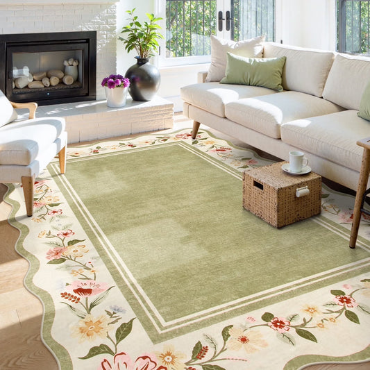 Lahome Floral Scalloped Area Rug for Living Room - Ultra-Thin Soft Washable Non-Slip Bedroom Stain Resistant Lightweight Boho Low-Pile Throw for Dining Room Office