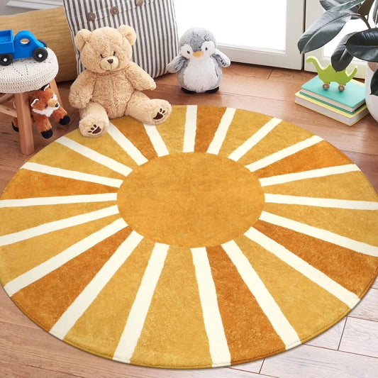 Lahome Boho Round Rugs, Washable Non-Slip Small Round Area Rug Throw Soft Sofa Kids Nursery Room Rug Rainbow Sun Print Distressed Round Carpet for Bedroom Entryway Living Room Dining Room