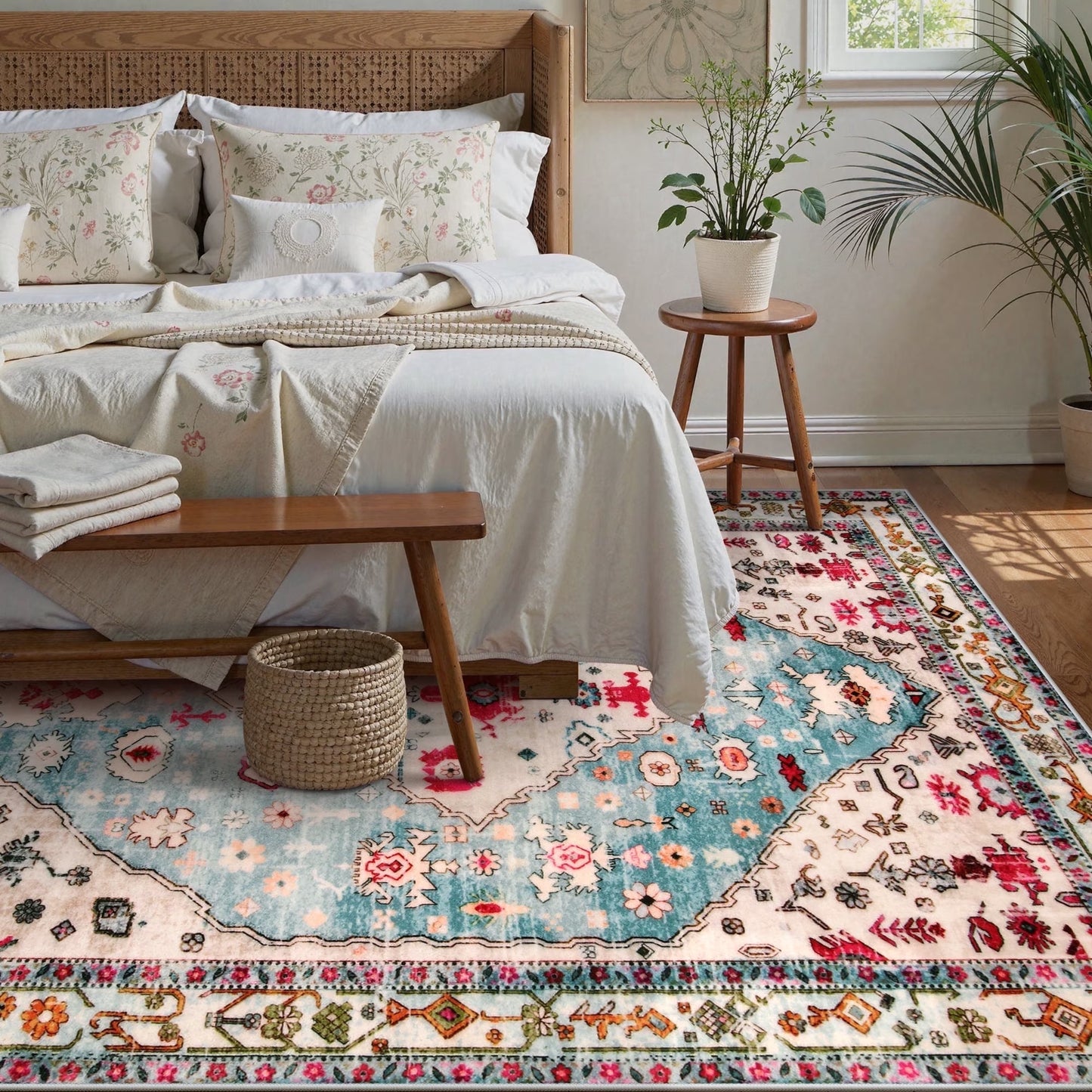 Wonnitar Boho Tribal Entryway Rug, Washable Area Rug for Kitchen Non Slip Stain Resistant, Low Pile Vintage Cottage Throw Rug for Bedroom Bathroom Laundry Room