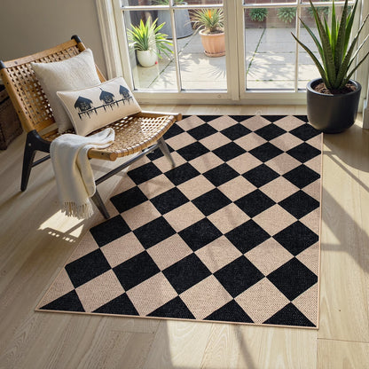 SUNDEREY Modern Geometric Area Rug, Washable Bedroom Rug,Checkerboard Indoor Outdoor Carpet, Farmhouse Checkered Non Slip Carpet for Office Couch Entrance Kitchen