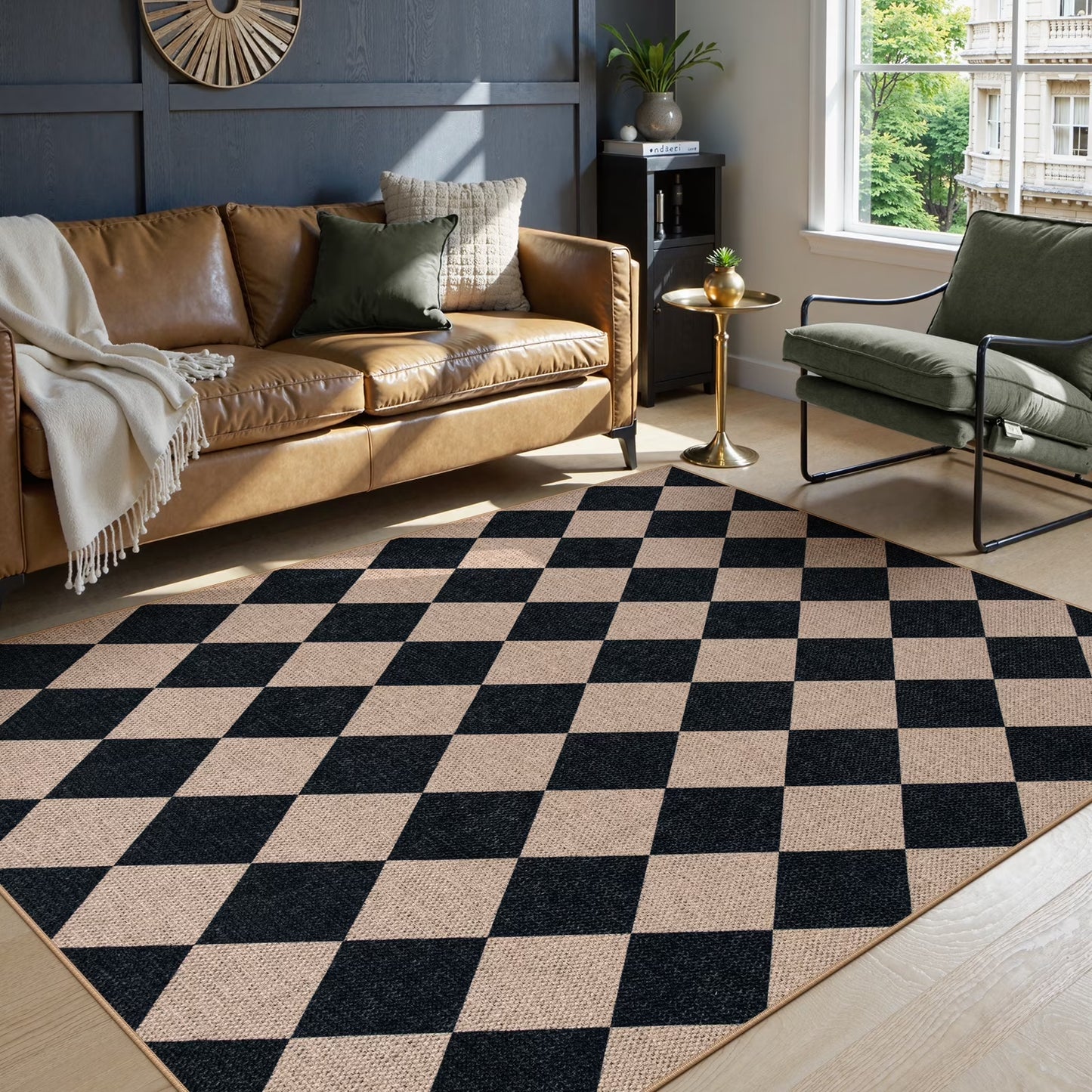 SUNDEREY Modern Geometric Area Rug, Washable Bedroom Rug,Checkerboard Indoor Outdoor Carpet, Farmhouse Checkered Non Slip Carpet for Office Couch Entrance Kitchen