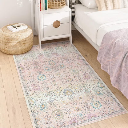 Wonnitar Boho Area Rug, Rugs for Bedroom Large Living Room Area Rugs Soft Floral Playroom Rug, Washable Rugs Non Slip Pastel Rug for Bedroom Living Room Carpet