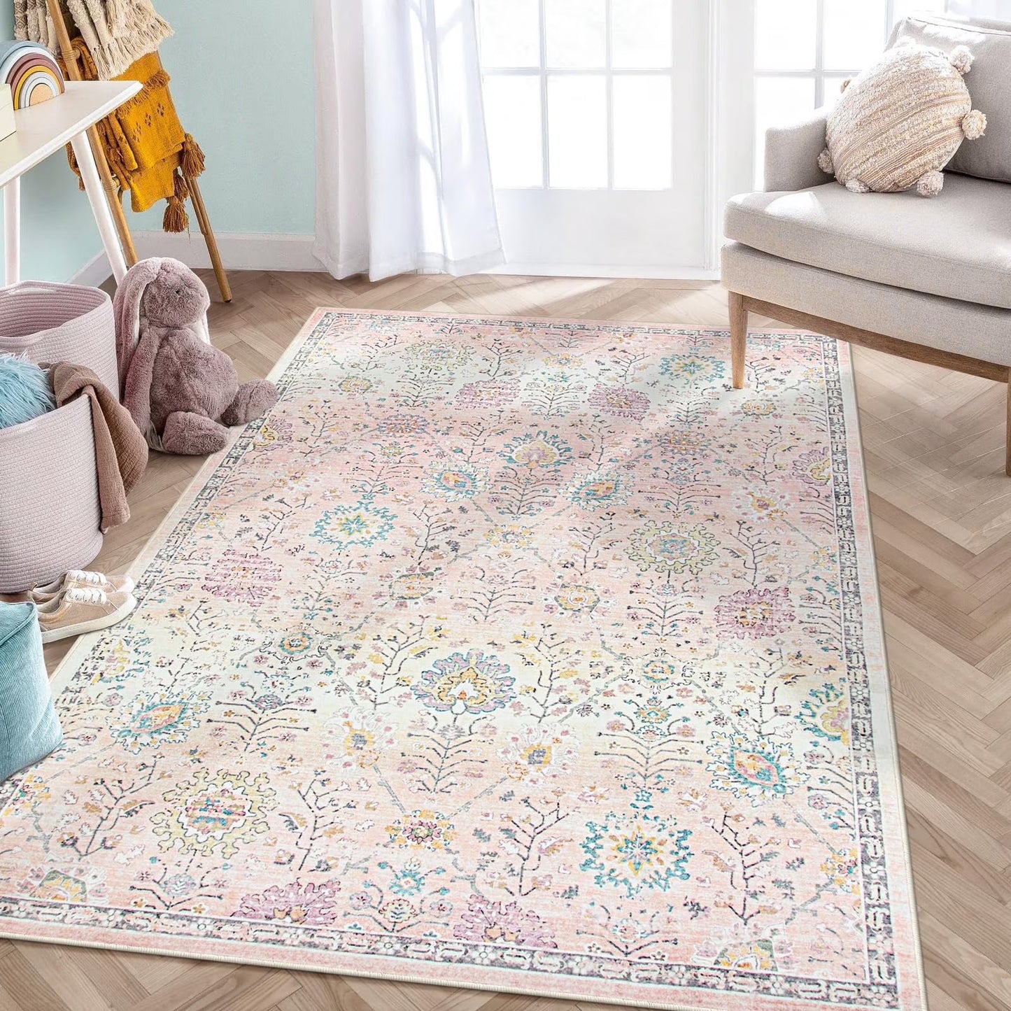 Wonnitar Boho Area Rug, Rugs for Bedroom Large Living Room Area Rugs Soft Floral Playroom Rug, Washable Rugs Non Slip Pastel Rug for Bedroom Living Room Carpet