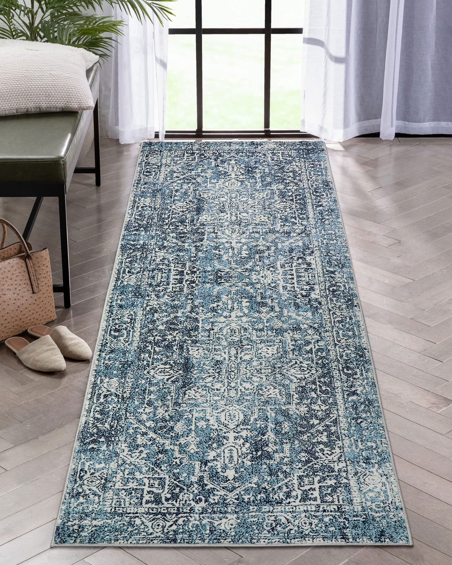 Wonnitar Washable Rug, Vintage Rug Runner for Hallways Non-Slip, Traditional Non-Shedding Entryway Mat Soft Carpet for Bathroom Foyer Bedroom