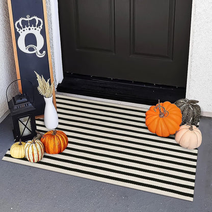 SUNDEREY 2'x3' Small Front Door Mat,2x3ft Washable Outdoor Rugs,Black and White Striped Rug,Farmhouse Front Porch Rug Decor,Cotton Entryway Rug for Porch Patio Home Entrance