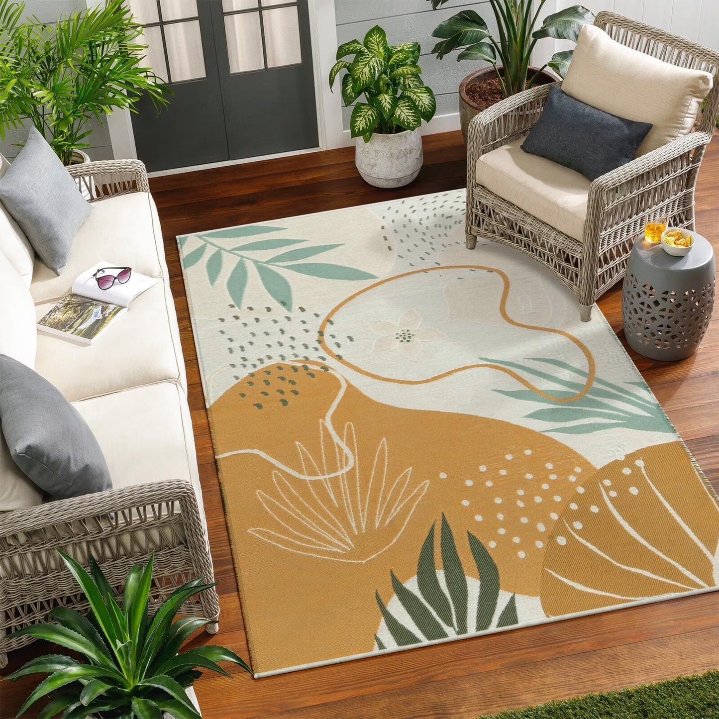 SUNDEREY Outdoor Rug Reversible Cotton Area Rug Patio Rugs Lightweight Large Floor Carpet Washable Rugs for Bedroom, Living Room, Portable Mats for RV Backyard Deck Picnic
