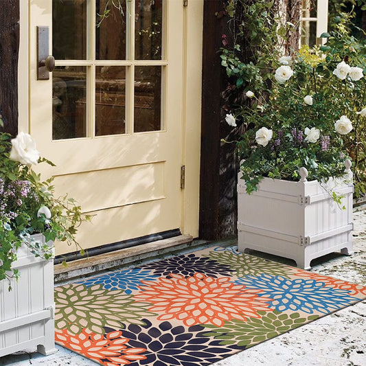 SUNDEREY Outdoor Rug Small Front Door Mat Reversible Washable Floral Area Rug Cotton Woven Patio Rug Multicolor Floor Carpet for Deck, Balcony & Backyard