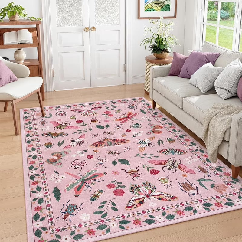 Wonnitar Area Rug Insect & Botanical Washable Rug - Soft Modern Rug for Bedroom, Non-Slip Ultra-Thin Stain Resistant Area Rug for Living Room, Nursery