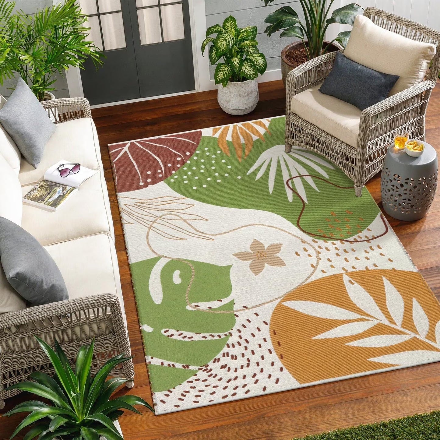 SUNDEREY Outdoor Rug Reversible Cotton Area Rug Patio Rugs Lightweight Large Floor Carpet Washable Rugs for Bedroom, Living Room, Portable Mats for RV Backyard Deck Picnic