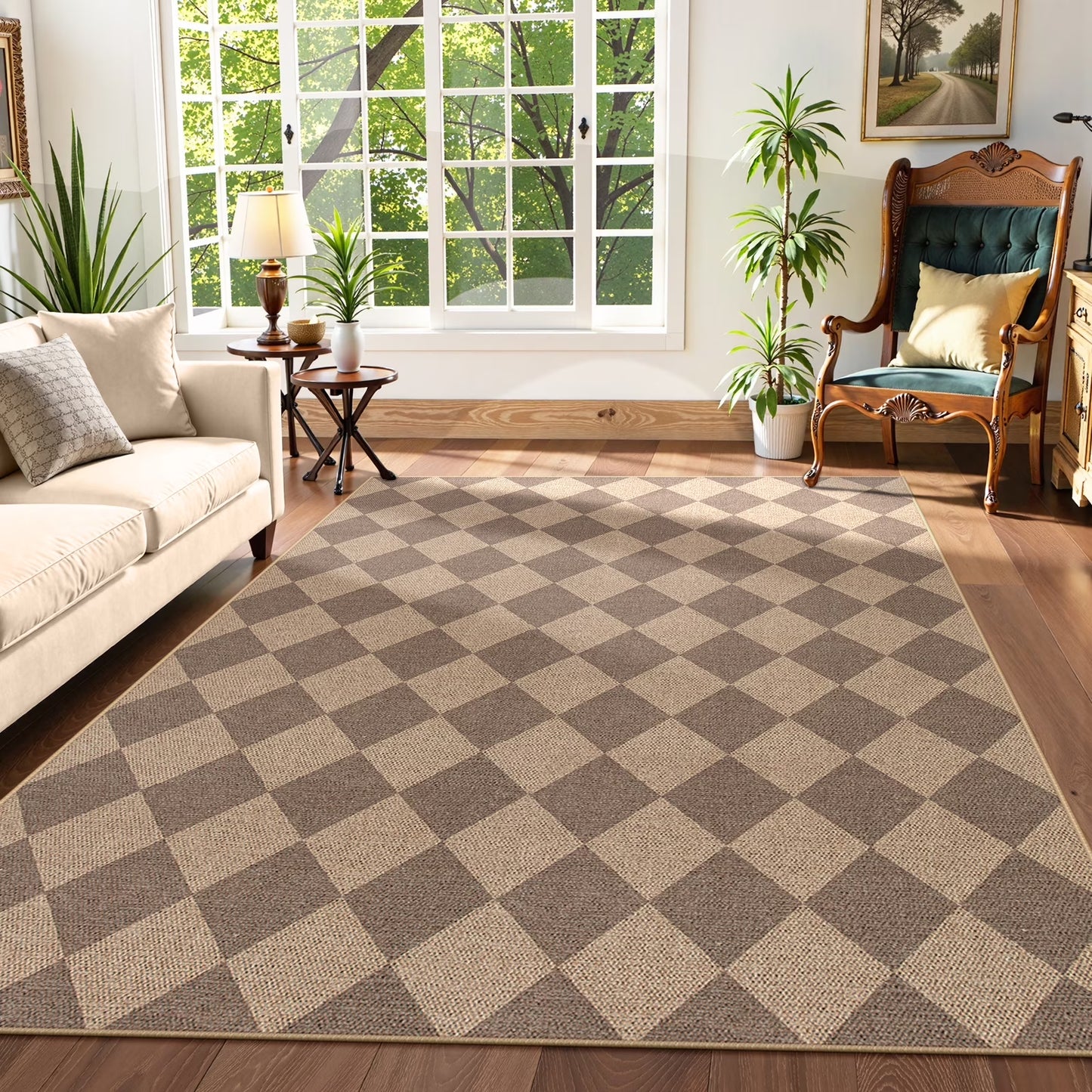 SUNDEREY Modern Geometric Area Rug, Washable Bedroom Rug,Checkerboard Indoor Outdoor Carpet, Farmhouse Checkered Non Slip Carpet for Office Couch Entrance Kitchen