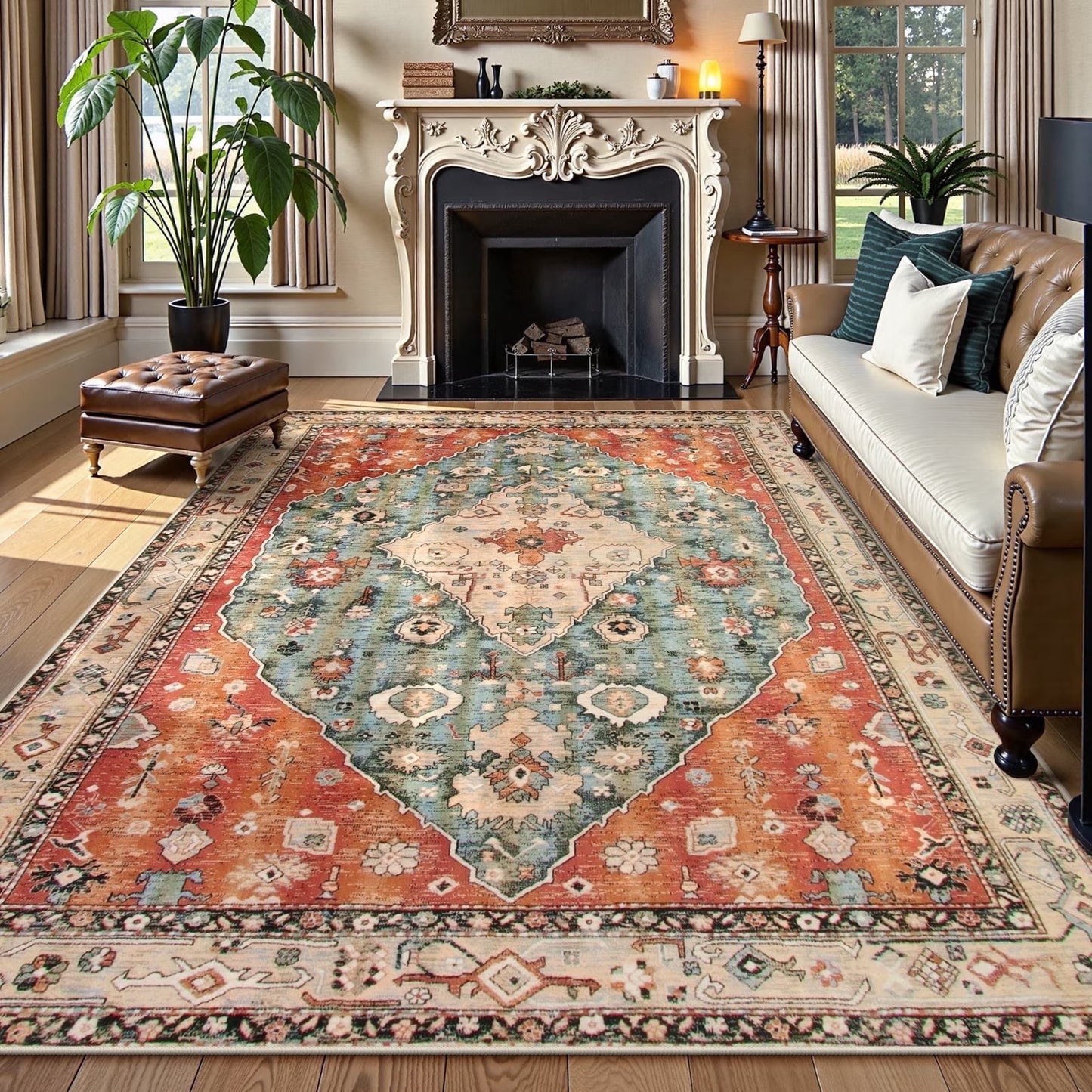 Wonnitar Boho Tribal Entryway Rug, Washable Area Rug for Kitchen Non Slip Stain Resistant, Low Pile Vintage Cottage Throw Rug for Bedroom Bathroom Laundry Room