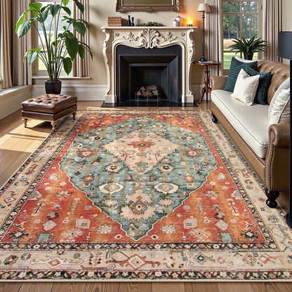 Wonnitar Boho Tribal Entryway Rug, Washable Area Rug for Kitchen Non Slip Stain Resistant, Low Pile Vintage Cottage Throw Rug for Bedroom Bathroom Laundry Room