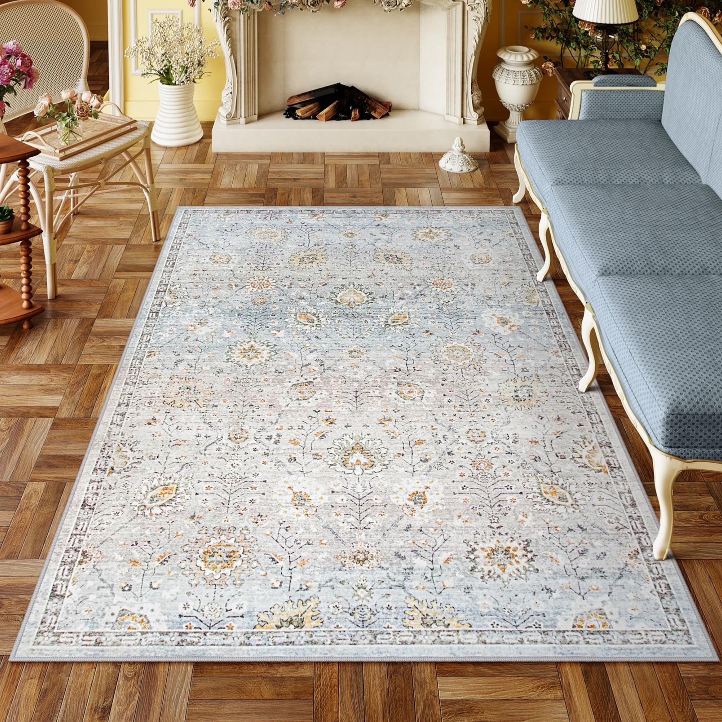 Wonnitar Boho Area Rug, Rugs for Bedroom Large Living Room Area Rugs Soft Floral Playroom Rug, Washable Rugs Non Slip Pastel Rug for Bedroom Living Room Carpet