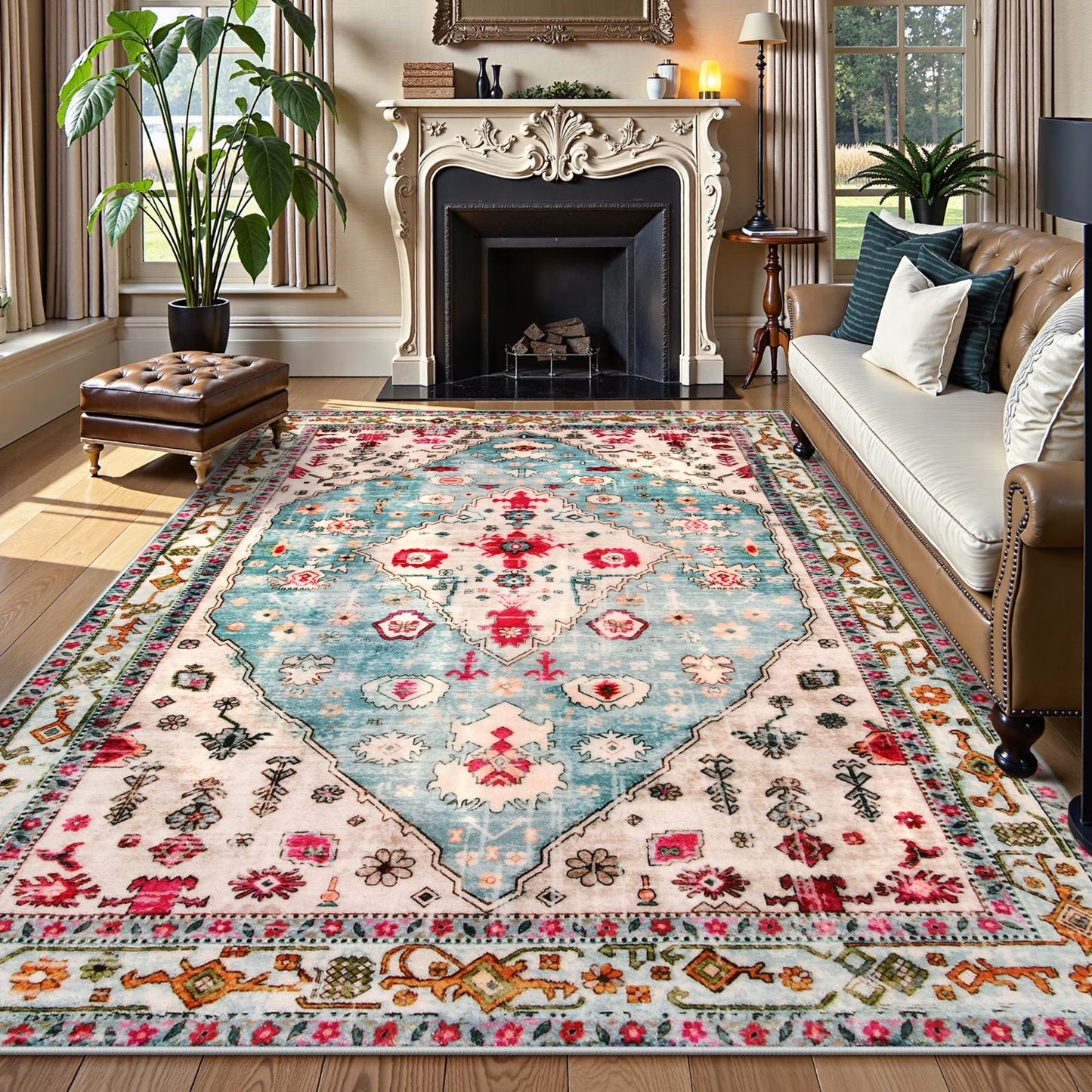 Wonnitar Boho Tribal Entryway Rug, Washable Area Rug for Kitchen Non Slip Stain Resistant, Low Pile Vintage Cottage Throw Rug for Bedroom Bathroom Laundry Room
