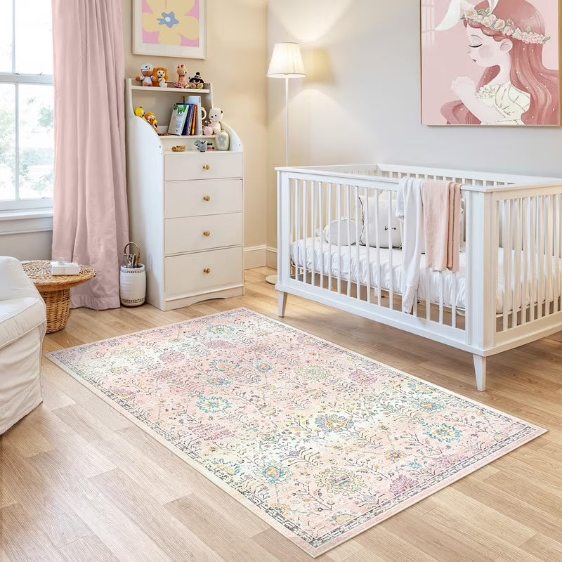 Wonnitar Boho Area Rug, Rugs for Bedroom Large Living Room Area Rugs Soft Floral Playroom Rug, Washable Rugs Non Slip Pastel Rug for Bedroom Living Room Carpet