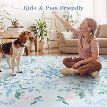 Wonnitar Bow Nursery Rug for Living Room Washable Area Rug forDorm, Cute Ultra-Thin Non Slip Indoor Decor Carpet for Kids Room Playroom
