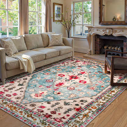 Wonnitar Boho Tribal Entryway Rug, Washable Area Rug for Kitchen Non Slip Stain Resistant, Low Pile Vintage Cottage Throw Rug for Bedroom Bathroom Laundry Room