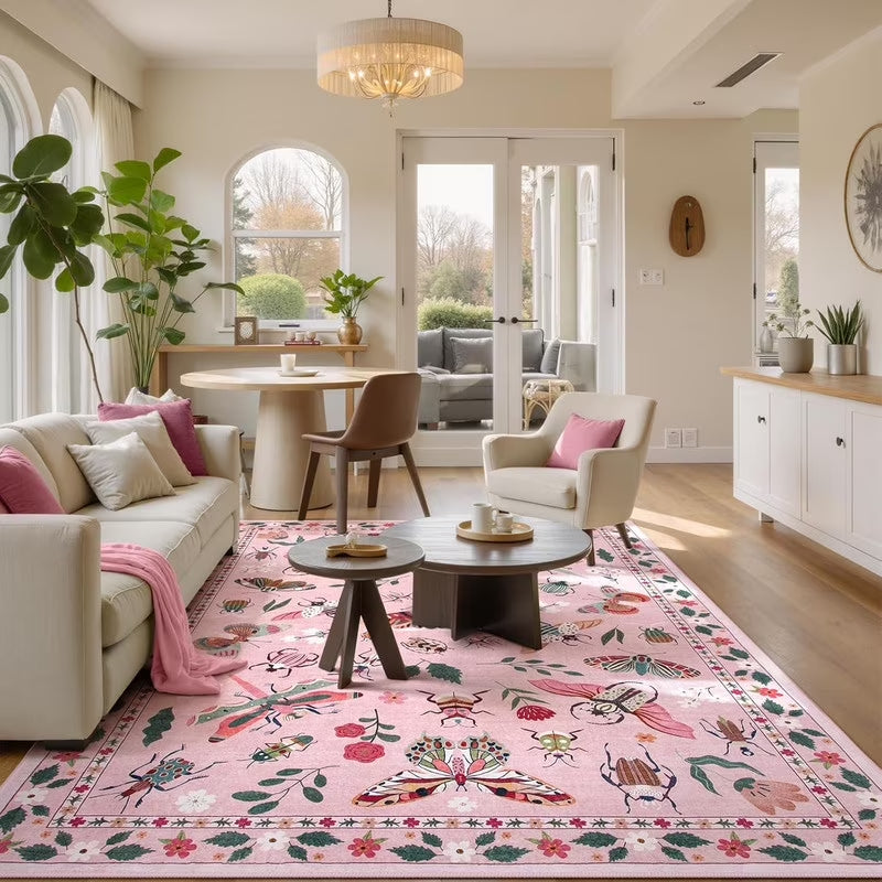 Wonnitar Area Rug Insect & Botanical Washable Rug - Soft Modern Rug for Bedroom, Non-Slip Ultra-Thin Stain Resistant Area Rug for Living Room, Nursery