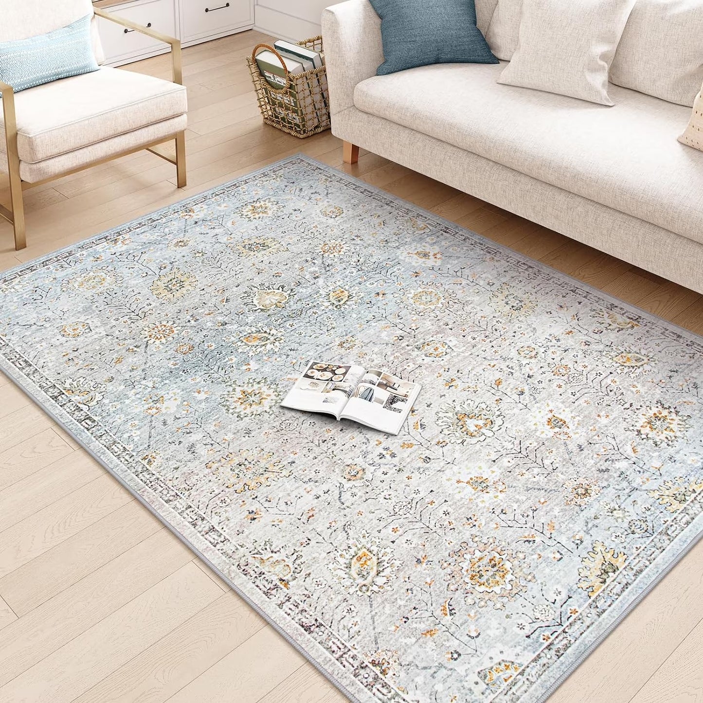 Wonnitar Boho Area Rug, Rugs for Bedroom Large Living Room Area Rugs Soft Floral Playroom Rug, Washable Rugs Non Slip Pastel Rug for Bedroom Living Room Carpet