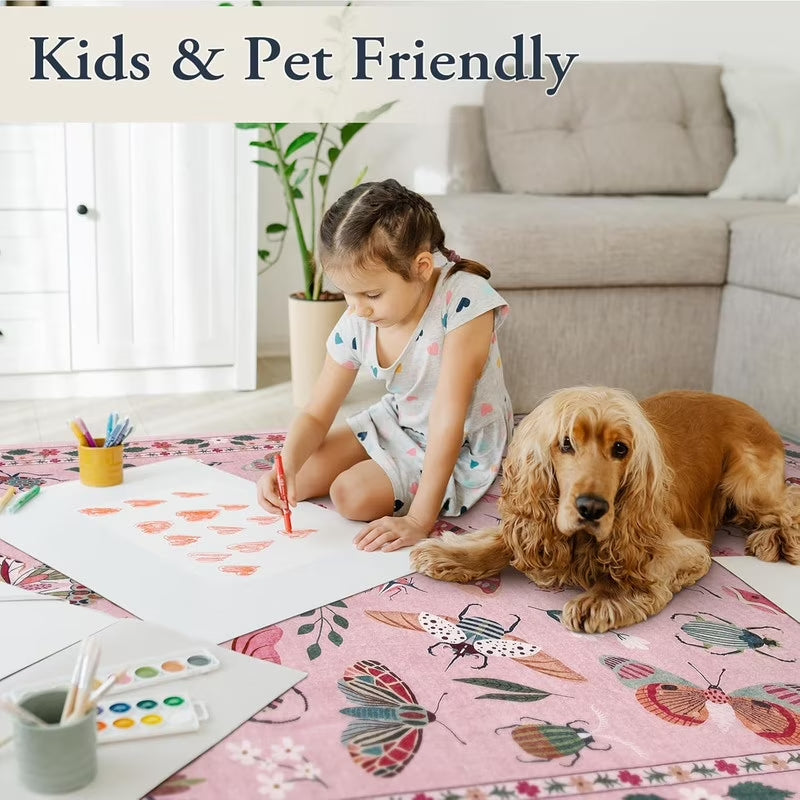 Wonnitar Area Rug Insect & Botanical Washable Rug - Soft Modern Rug for Bedroom, Non-Slip Ultra-Thin Stain Resistant Area Rug for Living Room, Nursery