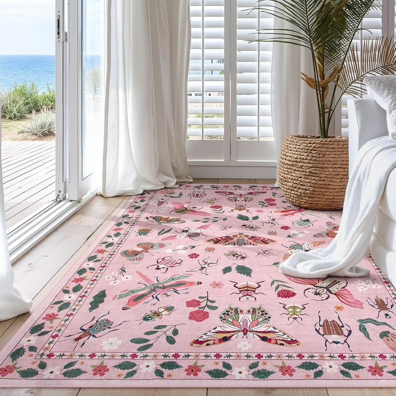 Wonnitar Area Rug Insect & Botanical Washable Rug - Soft Modern Rug for Bedroom, Non-Slip Ultra-Thin Stain Resistant Area Rug for Living Room, Nursery