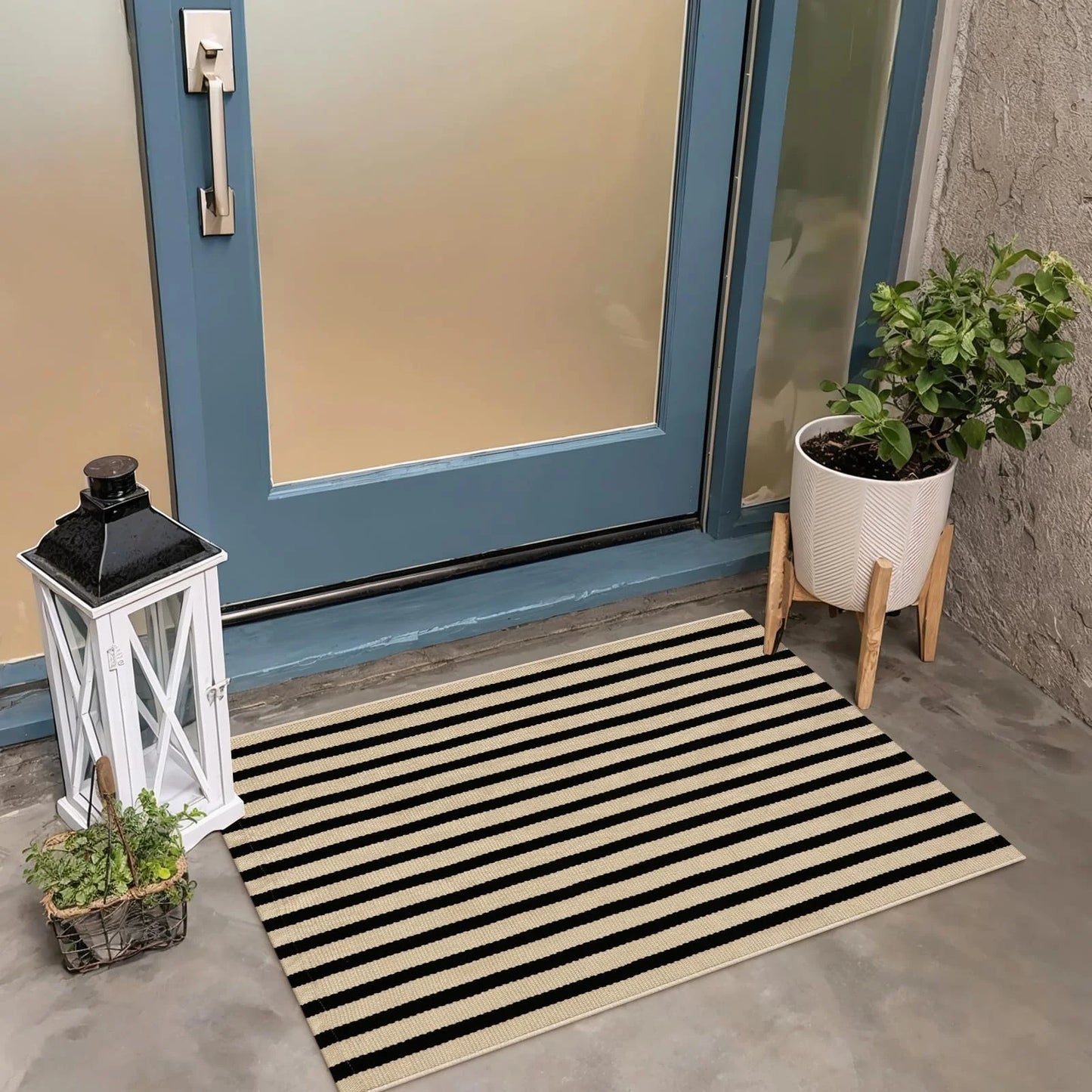 SUNDEREY 2'x3' Small Front Door Mat,2x3ft Washable Outdoor Rugs,Black and White Striped Rug,Farmhouse Front Porch Rug Decor,Cotton Entryway Rug for Porch Patio Home Entrance