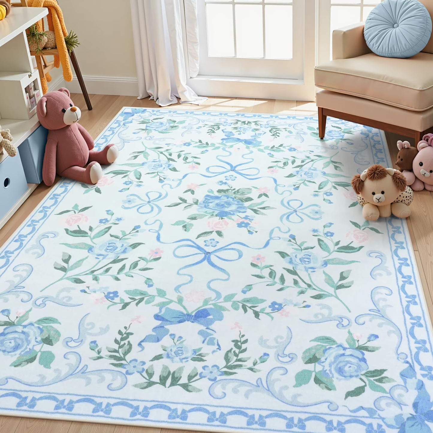 Wonnitar Bow Nursery Rug for Living Room Washable Area Rug forDorm, Cute Ultra-Thin Non Slip Indoor Decor Carpet for Kids Room Playroom