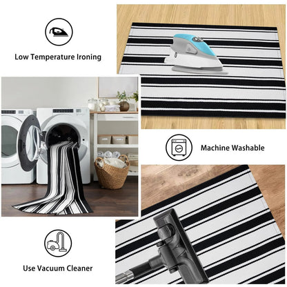 SUNDEREY 2'x3' Small Front Door Mat,2x3ft Washable Outdoor Rugs,Black and White Striped Rug,Farmhouse Front Porch Rug Decor,Cotton Entryway Rug for Porch Patio Home Entrance