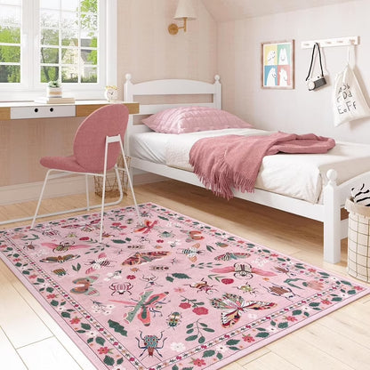 Wonnitar Area Rug Insect & Botanical Washable Rug - Soft Modern Rug for Bedroom, Non-Slip Ultra-Thin Stain Resistant Area Rug for Living Room, Nursery