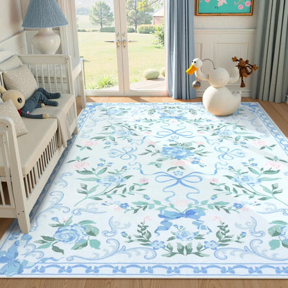 Wonnitar Bow Nursery Rug for Living Room Washable Area Rug forDorm, Cute Ultra-Thin Non Slip Indoor Decor Carpet for Kids Room Playroom