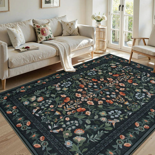 Moynesa Floral Area Rugs for Living Room, Washable Vintage Botanical Rugs for Bedroom, Soft Non Slip Cottagecore Flower Accent Carpet for Dining Room Dorm Apartmen