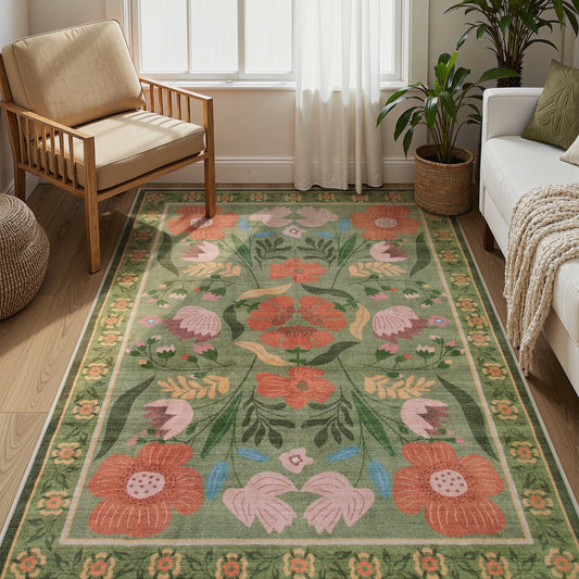 Moynesa Vintage Farmhouse Floral Area Rugs for Living Room, Washable Cottagecore Botanical Rugs for Bedroom, Soft Colorful Boho Flower Accent Carpet for Dining Room Nursery Dorm Apartmen
