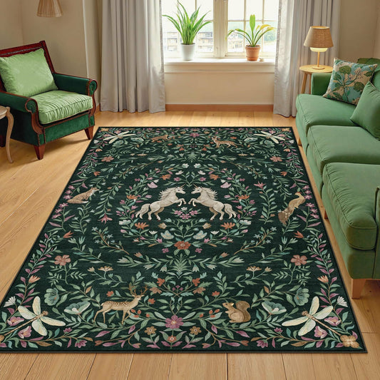 Moynesa Washable Fantasy Garden Area Rugs for Living Room, Vintage Botanical Unicorn Rugs for Bedroom, Victorian Accent Carpet for Nursery Playroom
